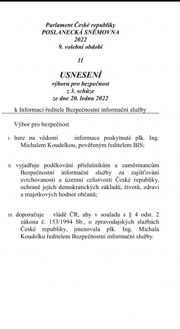 Výbor pro bezpečnost doporučil Koudelku na pozici řádného ředitele BIS